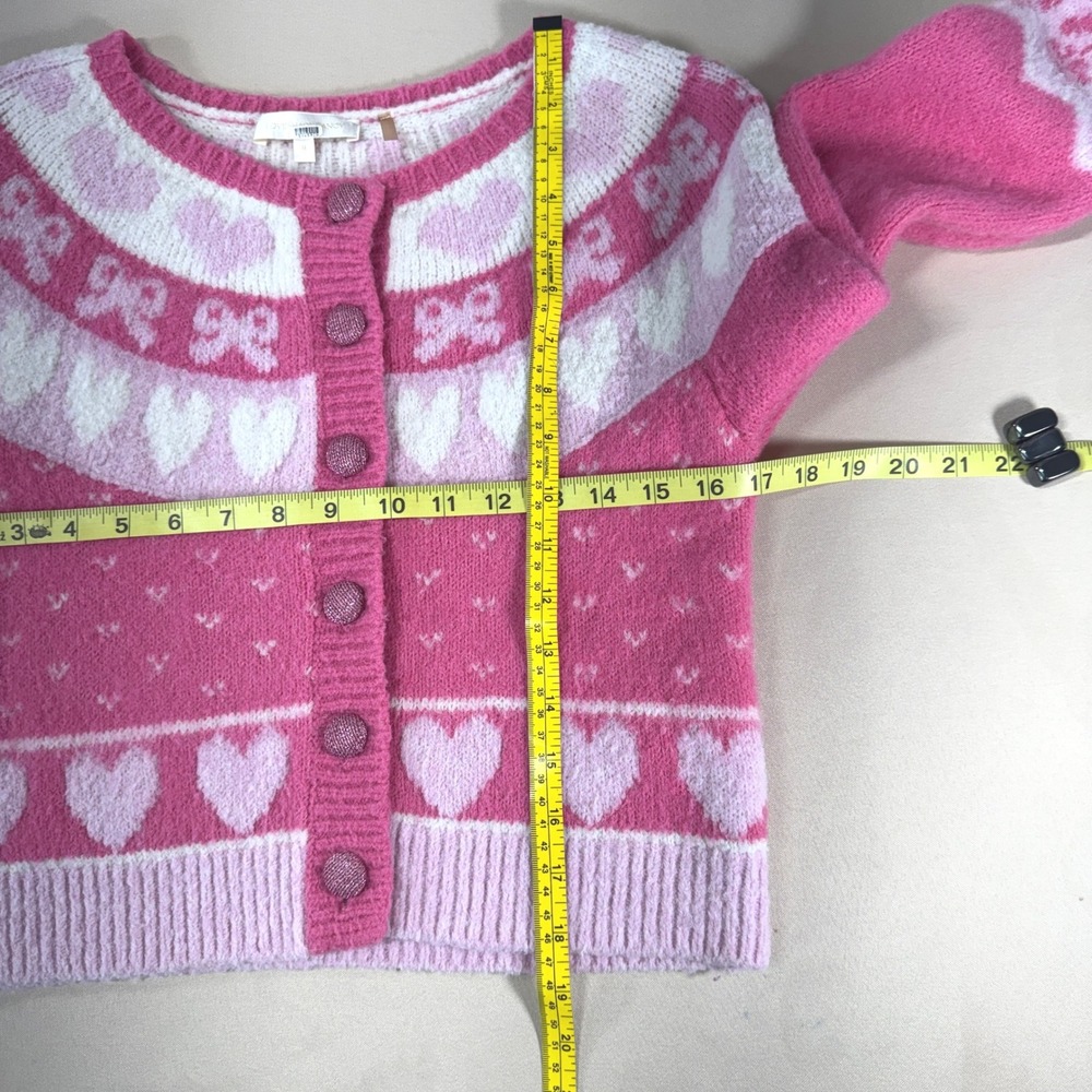 LoveShackFancy Dimples Pink Heart Bow Cropped Cardigan Sweater Size M Coquette - Picture 2 of 15